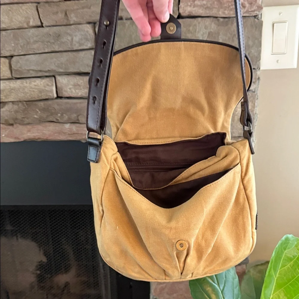 Canvas and Leather Crossbody Bag in Tan with Brown Trim
